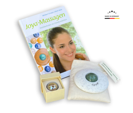 Das Classic Professional Massageroller Premium Set mit Aventurin Grün Edelsteinkugel, Edelstahl Massagekugel, Wärmesäckchen und Lehrbuch