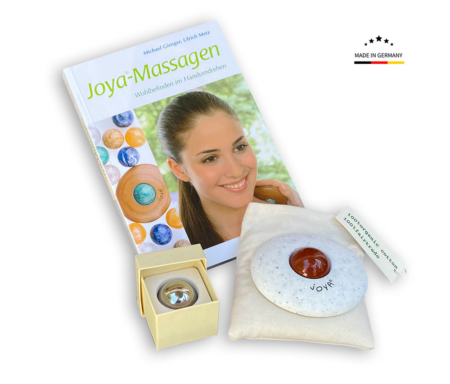 Classic Professional Massageroller Set Premium mit Jaspis Rot, einer Edelstahlkugel, einem Wärmesäckchen und dem JOYA Lehrbuch