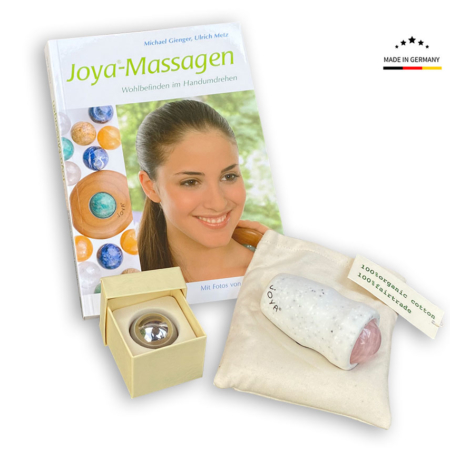 Der Edelstein Massageroller Face and Body mit Rosenquarz im Vorteils Set mit einer Edelstahl Massagekugel, einem Wärmesäckchen und einem Massage Lehrbuch
